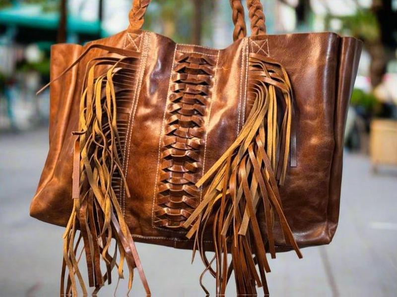Untammed Traveler Weekender Bag - Leather Tote with Braided Straps & Fringe - Spacious Inside Pocket - Black Brown Red Options