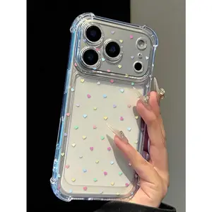 Cute Colorful Dopamine Heart Pattern Transparent Phone Case, Air Cushion Anti-Fall, Lens Raised Protection, Anti-Dust Mesh Design, Compatible With iPhone 17/16/15/14/13/12/11/ProMax/Air/Plus, Samsung Galaxy S series