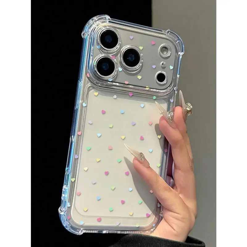 Cute Colorful Dopamine Heart Pattern Transparent Protective Cellphone Case Cover, Air Cushion Anti-Fall, Raised Lens Protection, Anti-Dust Mesh Casing, Compatible with iPhone 11,12-17 ProMax/Air/Plus & Samsung Galaxy S Series Devices
