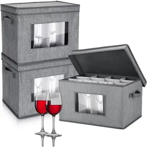 Norme 3 Pack Wine Glasses Storage Box with Dividers, 12 Compartments Stemware Storage Cases Champagne Flute Box with Lid Handle Window China Container Organizer for Moving(Wine Glass Size,Gray)