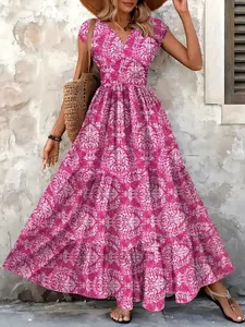 HarSum Women’s V Neck Floral Maxi Dress Short Sleeve Flowy Sundress for Summer Vacation Beach