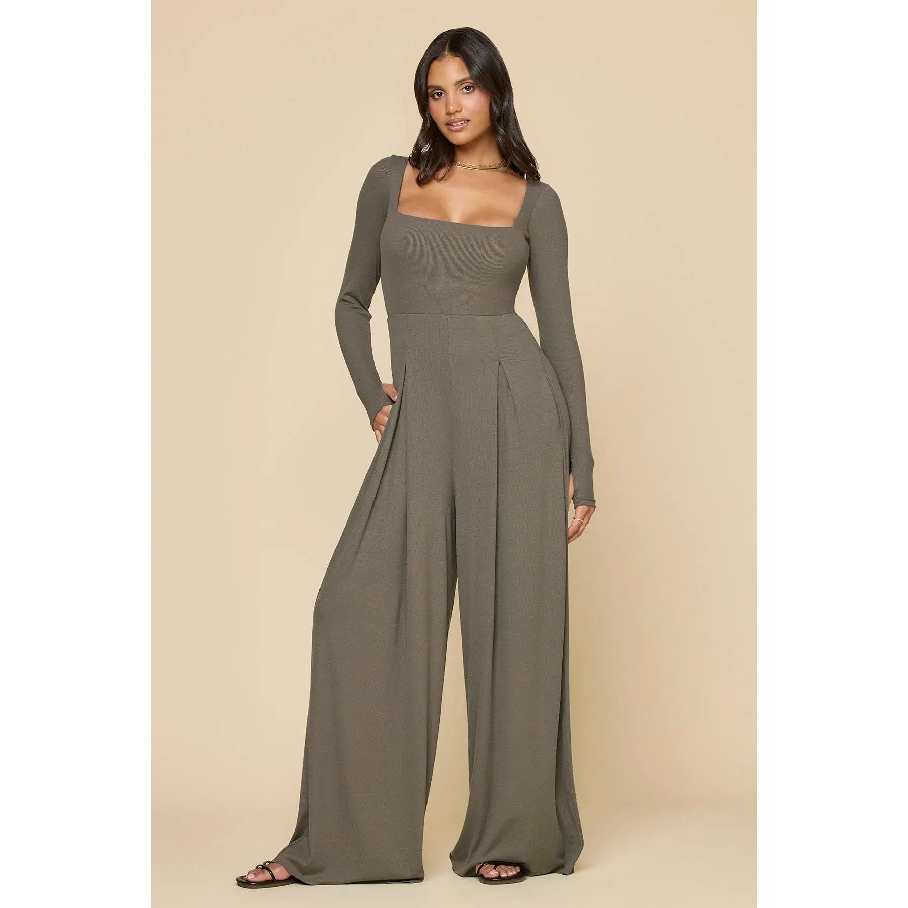 Go With The Flow Long Sleeve Jumpsuit - Rustic Olive Go With The Flow Long Sleeve Jumpsuit - Rustic Olive