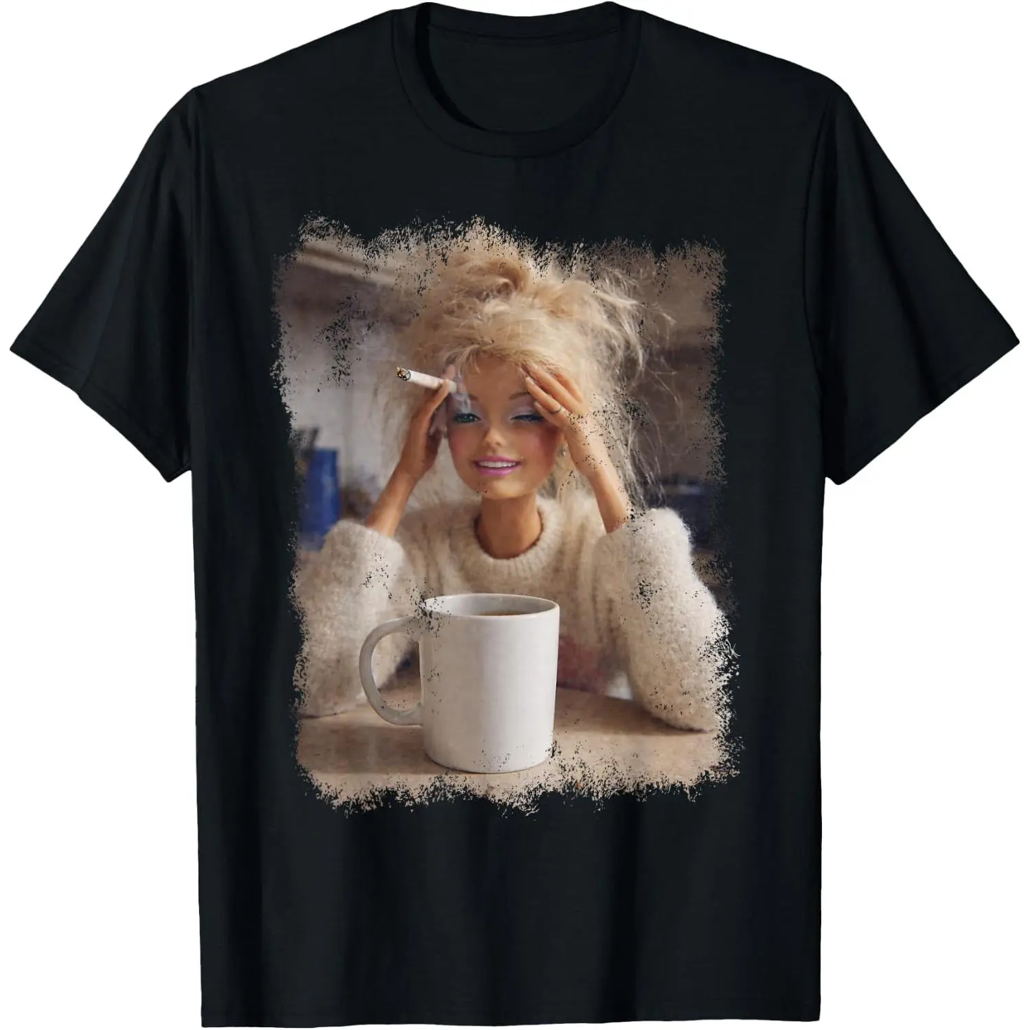 Women's 100% Cotton Short-Sleeve Round Neck Casual Graphic T-Shirt, Distressed Smoking Doll Meme Design, Shortsleeve, Tops