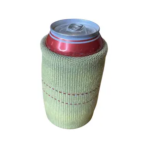 Yellow can cozy made from used fire hose. This can cooler helps insulate a 12 oz can, bottle or water bottle. It's 100% made in the USA by Crafty American