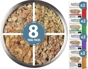 JustFoodForDogs Pantry Fresh Dog Food Variety Pack Complete Meal or Topper Beef Chicken Turkey & Lamb Human Grade Recipe 12.5 oz Pack of 8 Vet Recommended
