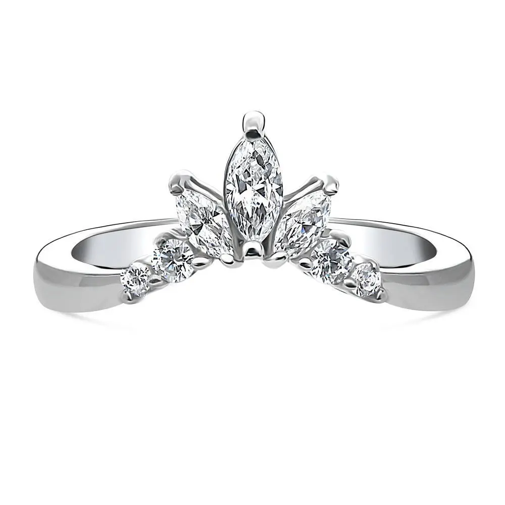 BERRICLE Sterling Silver Flower 7-Stone Wishbone Rings Stackable Curved Band for Women, Cubic Zirconia CZ