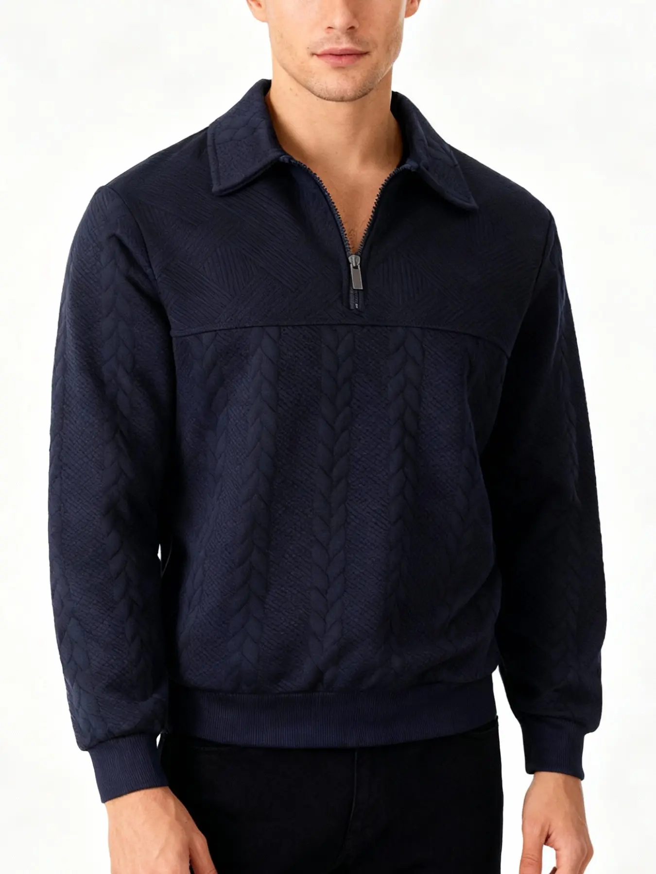 Men's Textured Knit Half-Zip Pullover Sweater, Long Sleeve, Knitwear, Fitted, Comfortable Patchwork Design, Casual Daily Wear, Outdoor Street Fashion, Spring & Fall