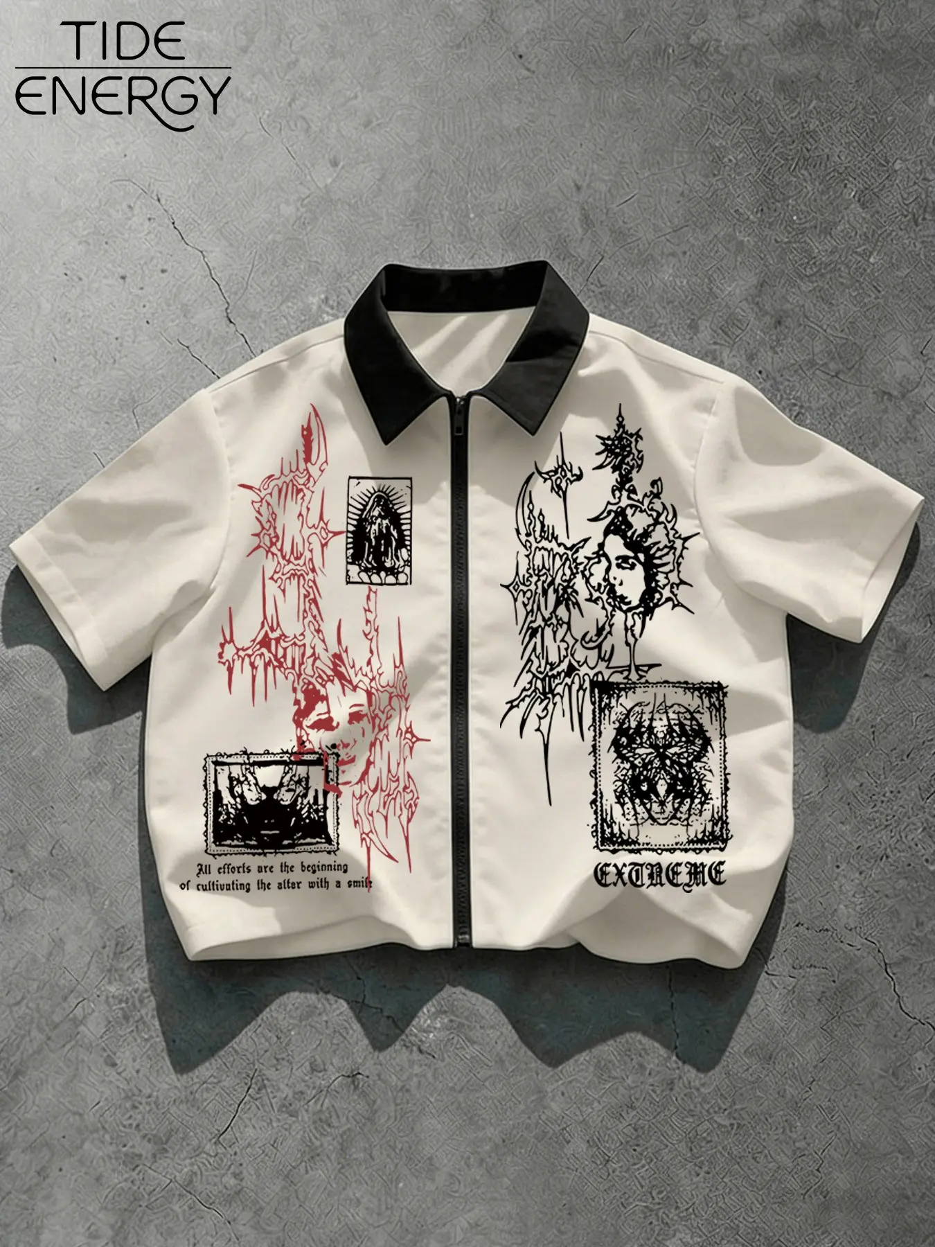 Men's Loose Gothic Graphic Pattern Short Sleeve Zipper Shirt, Collared Shirts, Menswear Y2K Aesthetic Streetwear Top, Casual Short Collared Blouse for Aesthetic & Street Style, Short Sleeved Shirt