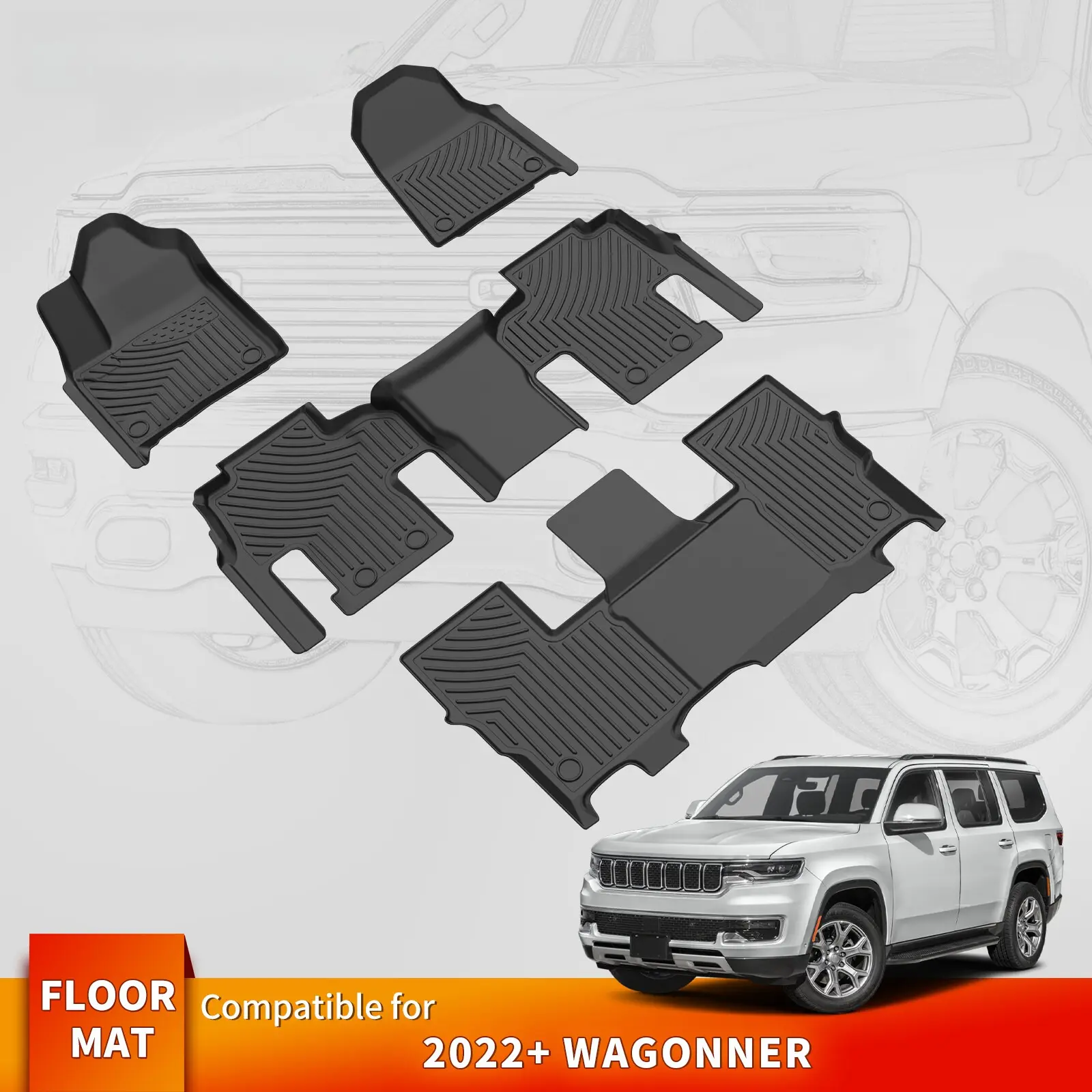 3Rows Floor Mats for 2022-2025 Jeep Grand Wagoneer 8 Seaters TPE Liners Carpet