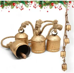 Shabby Chic Vintage Style Harmony Country Style Bells Christmas Decor Mantle Wreath Lucky Charm Christmas Bells, Rustic Decorative Bell 4 Hanging Bells, Brass Gold Cowbells with Jute Rope