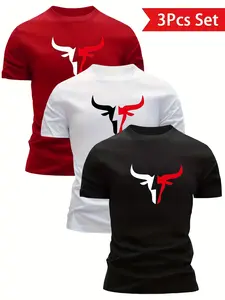 3-Pack Round Neck Quick-Dry Short Sleeve T-Shirts, Gym Training Running Casual, Bull Lightning Print, Lightweight Breathable Fabric, Unisex