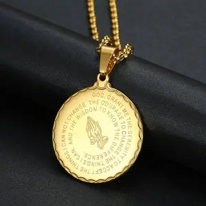 Retro Hip Hop Prayer Hand Pattern Round Pendant Stainless Steel Men's Necklace Jewelry