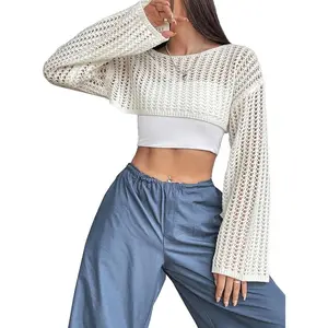 Women's Hollow Out Knit Drop Shoulder Crop Sweater Pullover Top