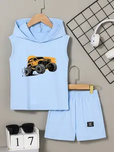 Boys Summer Hooded Sleeveless Set, Off-Road Car Cartoon Print, Fashion Casual Two-Piece Vest Shorts Set, Kids Daily School Sports Weekend