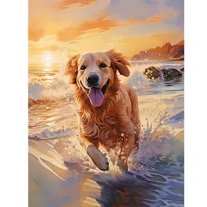 1Pcs Golden Retriever Running on the Beach Acrylic Paint by Numbers 16x20in Unframed Beginner DIY Healing & Lively Style Decor for Living Room Leisure Wall / Coastal Homestay Corner Ideal Gift for Pet Lovers & Friends