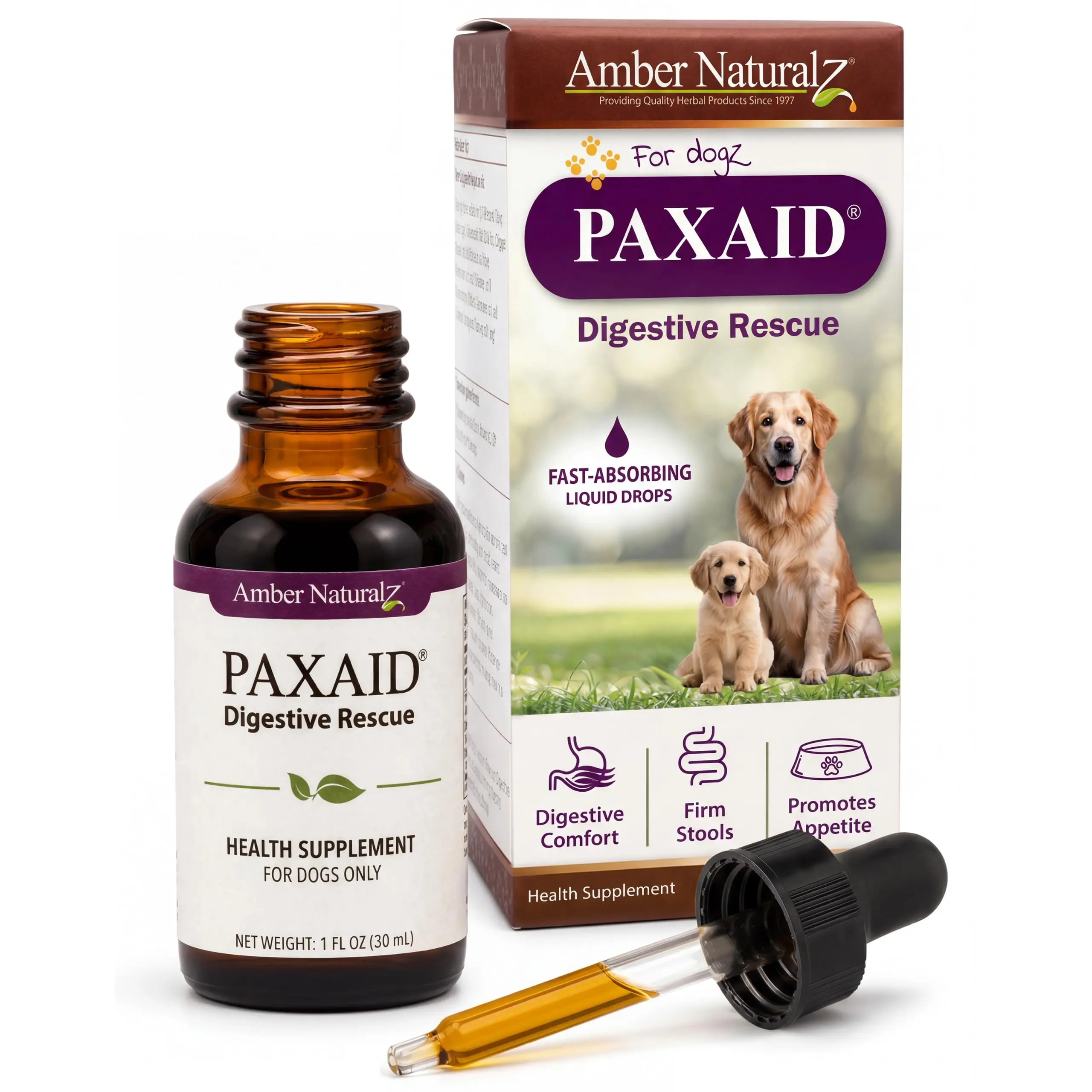 Amber NaturalZ Paxaid Herbal Dog Digestive Rescue Drops - Amber Formula for Firm Stools, Comprehensive Support, Gut Immunity Aid, Easy-to-Administer Remedy