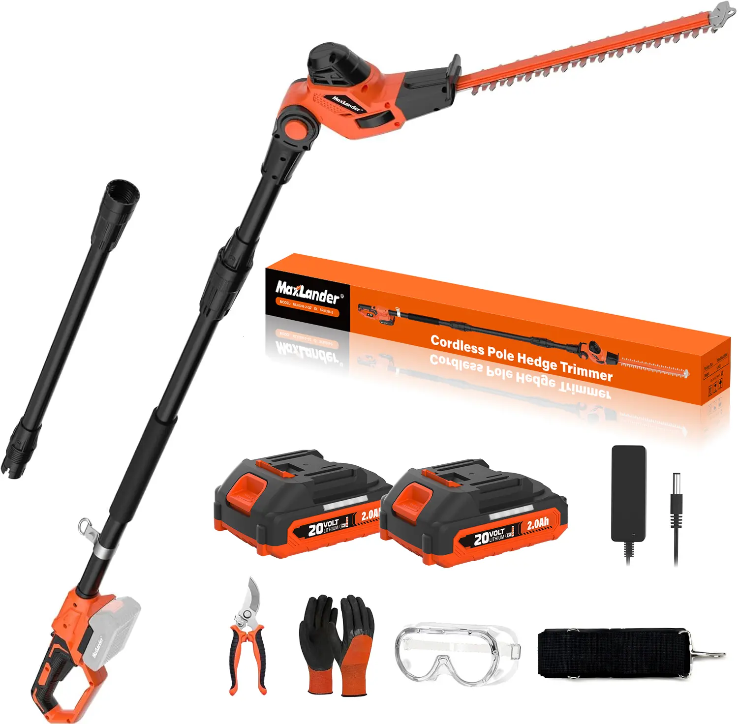 MAXLANDER 2-in-1 Cordless Extension Pole Tool - 8-in Chainsaw, 18-in Hedge Trimmer, 15-ft Max Reach, 16-ft/s Speed, 20V Tool with 2.0Ah Battery, Charger, Trigger Control, 1500SPM Fast Cutting Motor