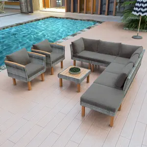 Aobtkel®<Old SKU: FF201208AAE> 9-Piece Patio Rattan Furniture Set, Outdoor Conversation Set With Acacia Wood Legs and Tabletop, PE Rattan Sectional Sofa Set with Coffee Table, Washable Cushion, Gray#Summervibes