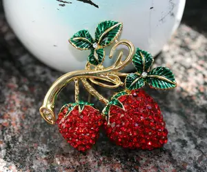 Enamel & Crystal Strawberry Brooch Pin and Pendant, Fruit Ruby Red Crystal Strawberry Brooch