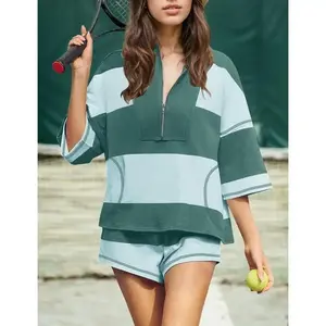 Women’s Striped Two-Piece Lounge Set – Oversized Shirt and Shorts, Short Sleeves, Summer Workout Set