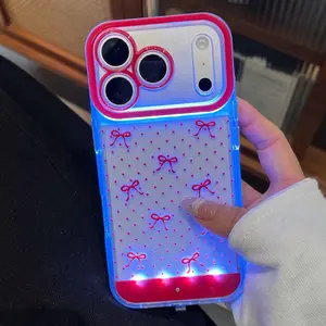Sound-Control Glowing Polka Dot Ribbon Bow Cutout Cartoon Phone Case, Unique Call Light Protective Cover for X/XR/XS Max/11/12/13/14/15/16/17 Pro/plus/pro Max Phone Decoration Protection