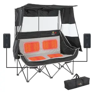 Heated Double Camping Chair with Canopy Portable Padded Folding Loveseat with Shade Cup Holders & Cooler Bag for Lawn Camping and Outdoor Sports