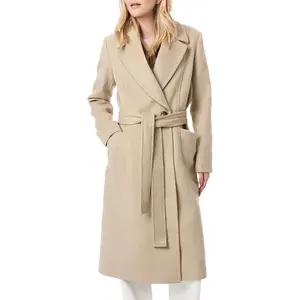 FMEYOA Women's Notch Lapel Collar Pea Coat Long Sleeve Casual Fall Winter Long Overcoat with Belt M7D304