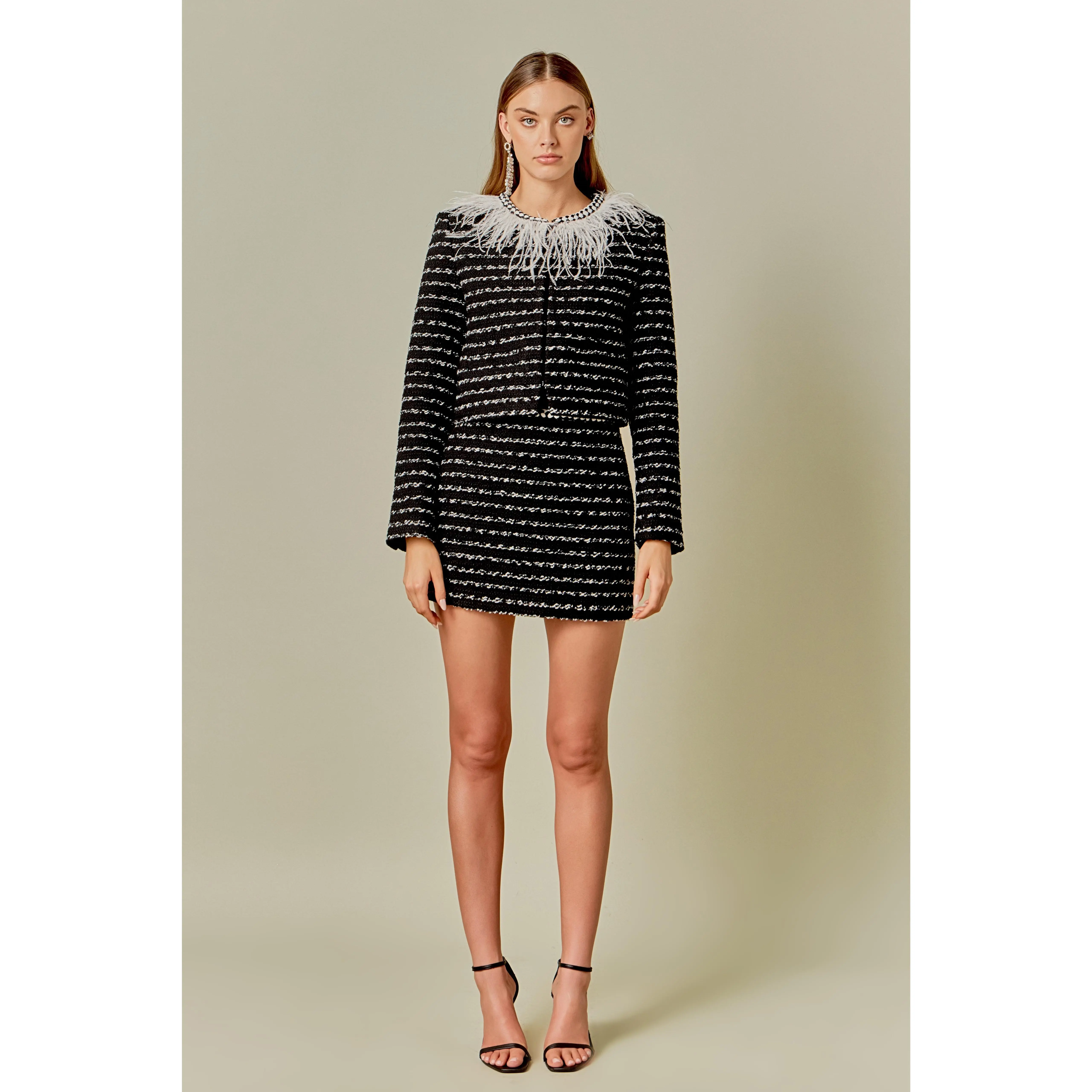 Feather Detailed Bow Tweed Jacket