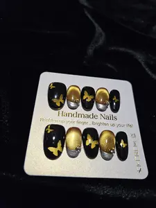 Handmade Nails - Black Base with Gold Accents & Butterfly Designs - Glossy Acrylic Resin Finish - Elegant Artificial Nail Set