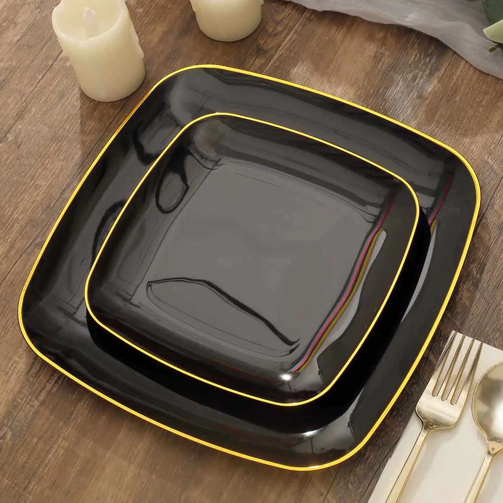 10-Pack 7 in Solid Black Plastic Square Party Plates with Gold Rim - Disposable Packaged Set, 7 inches Square Dessert Plate for Weddings, Birthday Appetizer Serving
