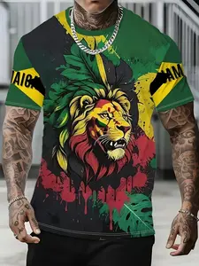 Men's 3D Printed Jamaica Lion Tropical T-Shirt, Casual Short Sleeve Round Neck, Summer Comfort Street Style, Daily Wear Couple Gift, Streetwear