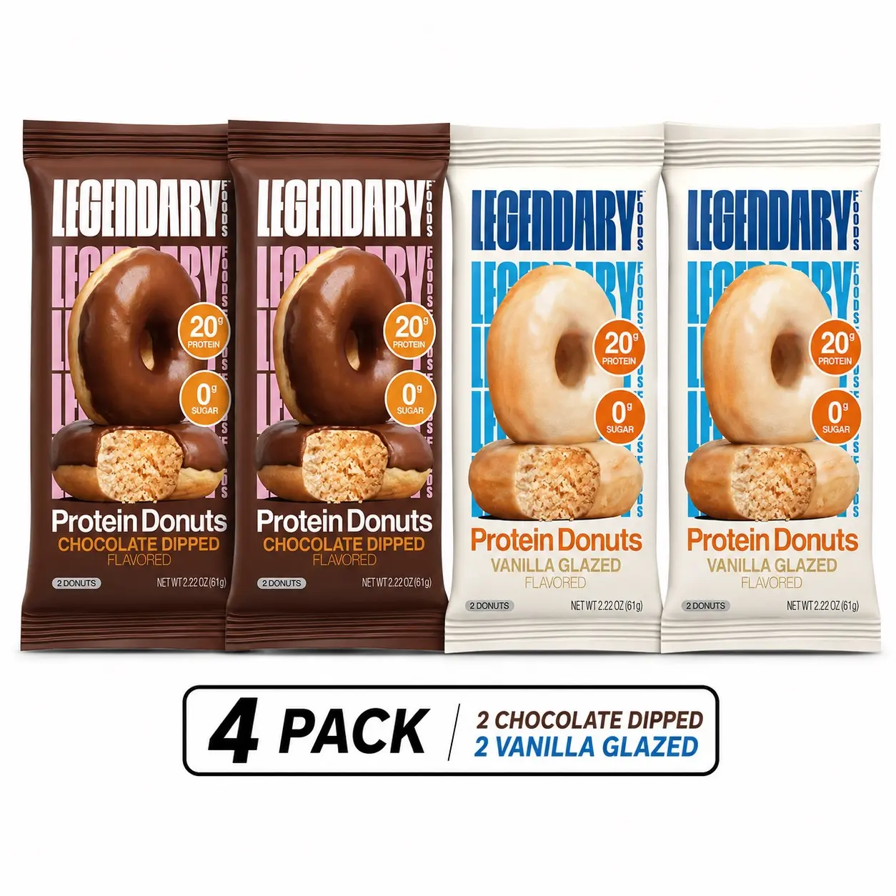 Legendary Foods Protein Donut Snack 4-Pack - 2 Chocolate Dipped, 2 Vanilla Glazed