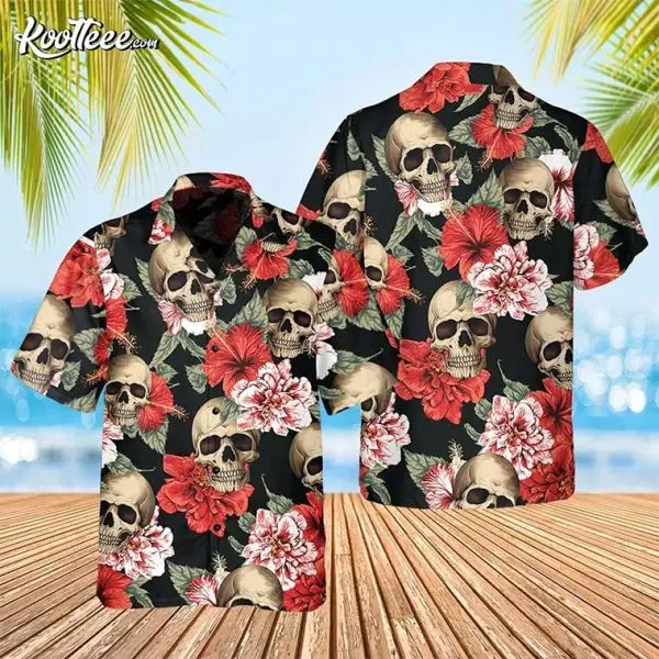 Skull Hibiscus Hawaiian Shirt for Men Women Floral Tropical Button Up Beach Shirt Summer Vacation Casual Streetwear Short Sleeve Aloha Shirt Gift for Skull Lovers Festival Outfit