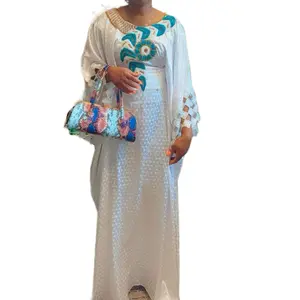 Boubou Soie Getzner Perlé Beaded Dress Long Gown One Size Fit All & Head Tied color white