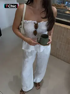 Pure Color Casual Aesthetic Feminine Crop Top with Ruffled Hem, Wide Leg Long Pants Set, Sleeveless Fitted, Natural Waist, Plain Style, Womenswear