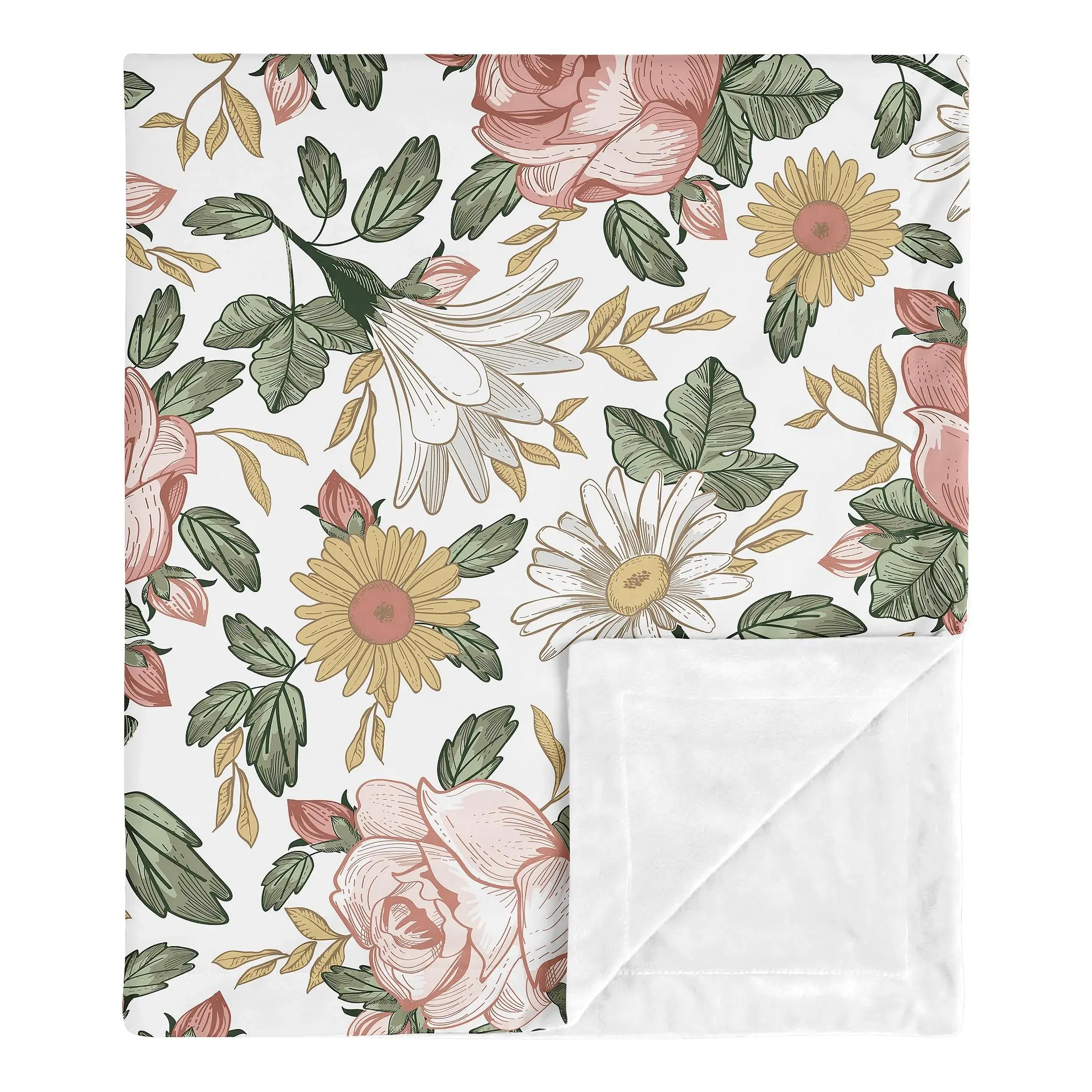 Sweet Jojo Designs Vintage Floral Baby Girl Receiving Security Swaddle Blanket for Newborn or Toddler Nursery Car Seat Stroller Soft Minky - Pink Yellow Green Boho Shabby Chic Rose Flower Farmhouse