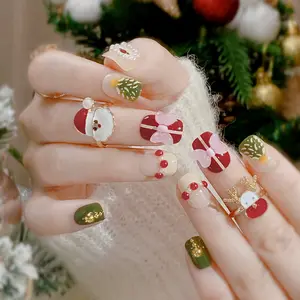 New Christmas nail art, wearable nail products, cartoon Santa Claus fake nail plates, bow patches, 24 pieces