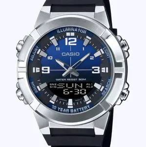 AMW870A-2A New Casio dual time black silicon blue dial men' s classic watch 44mm " new style"
