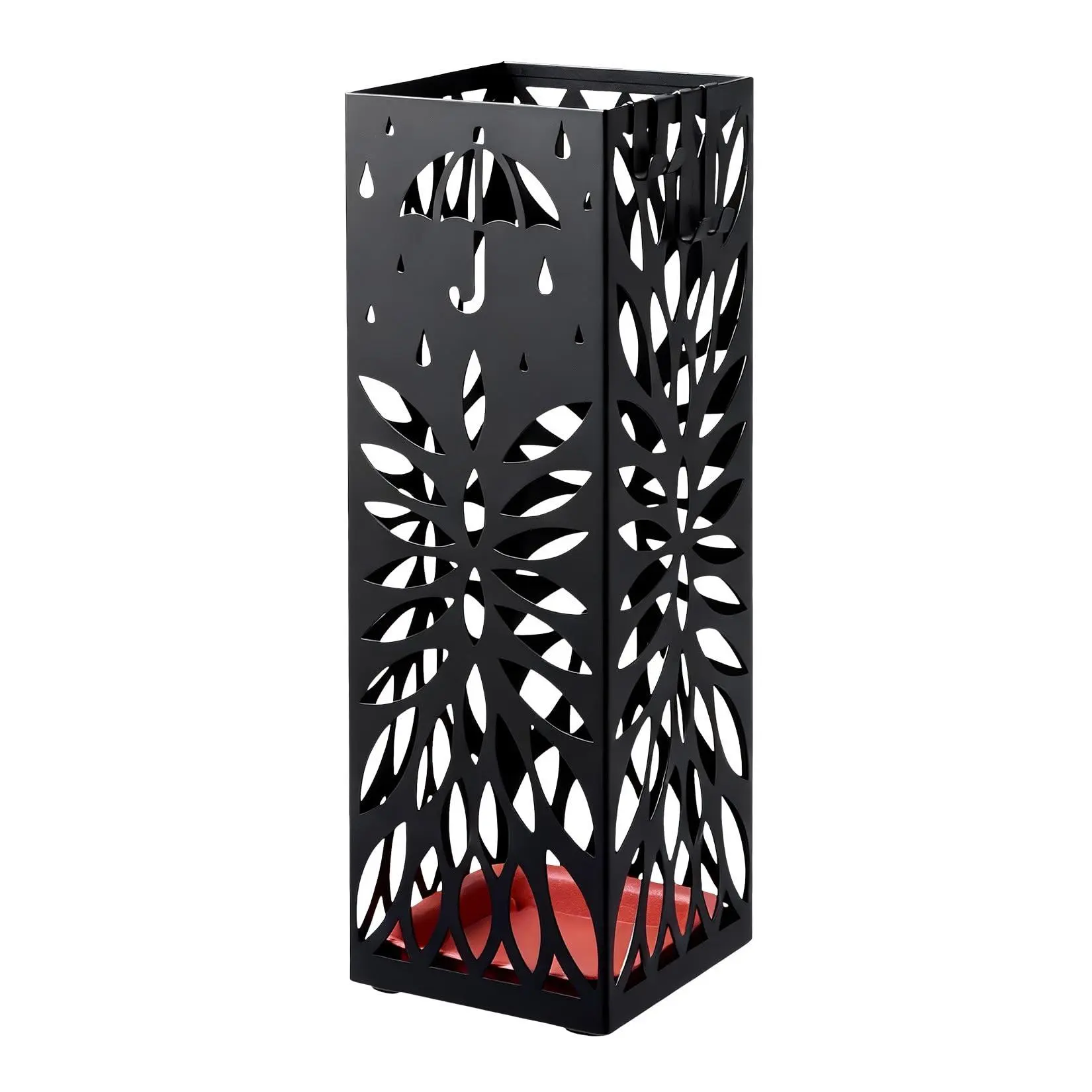 Square Umbrella Stand for Entryway, Metal Umbrella Holder with Removable Drip Tray & 4 Hooks, Freestanding Cold-Rolled Steel Umbrella Rack for Canes Walking Sticks Gift Wrap Tubes,B