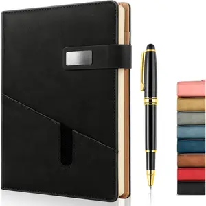 A5 Lined Leather Journal with Pen, 240 Pages Refillable Hardcover Notebook with Pocket and  Buckle, 80gsm Thick Daily Diary for Men and Women,   for Business Travel Personal - Black