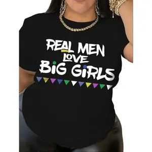 Real Men Love Big Girls Letter Print Plus Size T Shirt For Women Crew Neck Short Sleeve Brick Red Casual Summer Clothing Ultra Soft Breathable Fabrics S To XXL