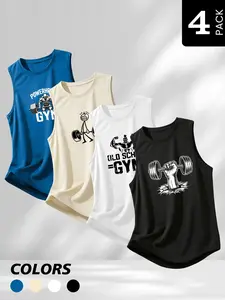 4 Pack Men's Gym Tank Tops - Vintage Old School Workout Muscle Shirts, Quick Dry Breathable Sleeveless Athletic Tees, Athletic Training Apparel, Curved Hem Graphic Tops for Bodybuilding Powerlifting Fitness Training