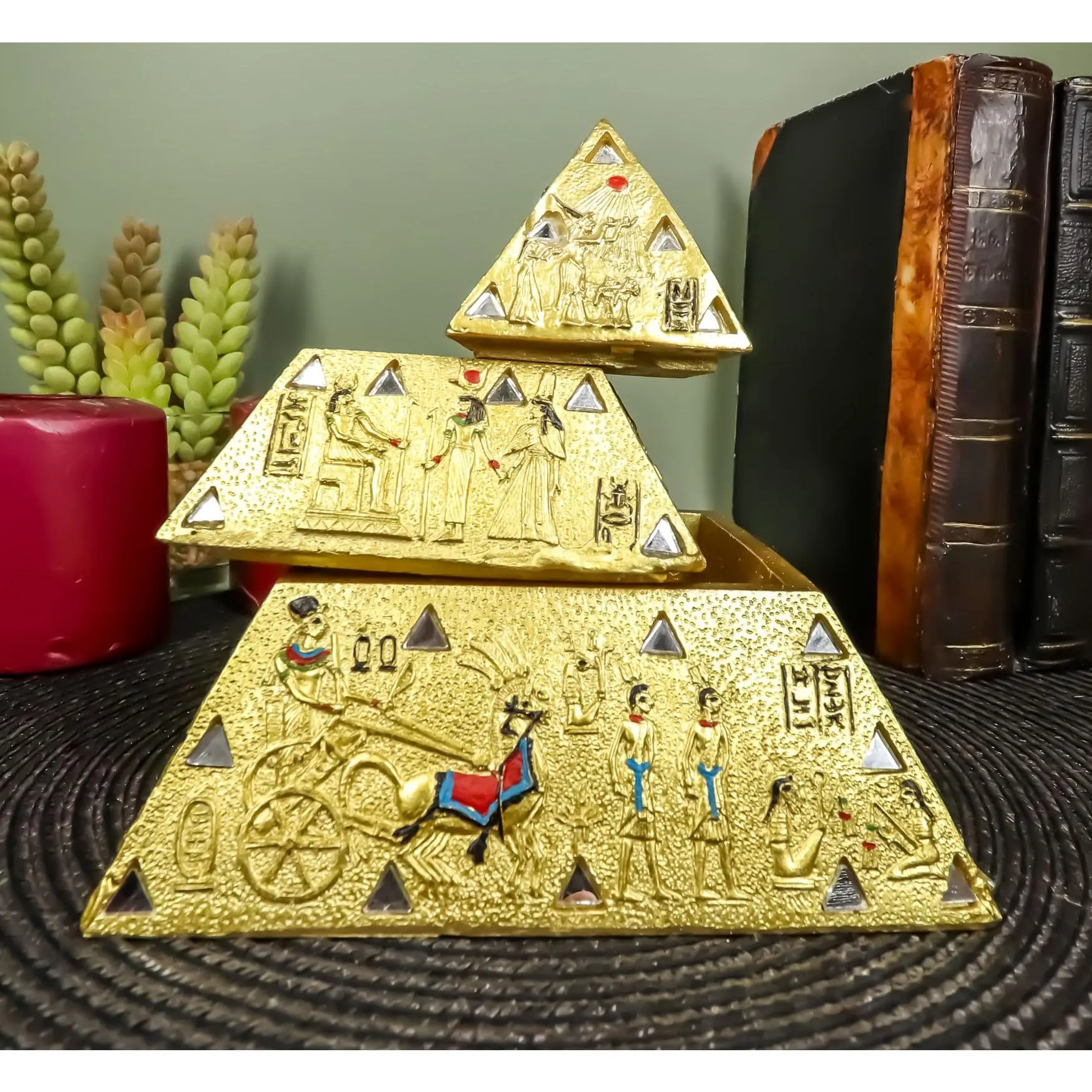 Egyptian Golden Hieroglyphic Pyramid Of The Gods Stackable Jewelry Box Statue