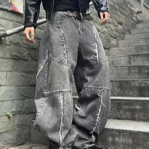 Men's Solid Color Ripped Jeans, Loose Casual Comfy Denim Trouser for Daily Wear, Wide Leg Jeans Pants for Men, Streetwear, Distressed Jeans Fit, Casual Fashion Loose