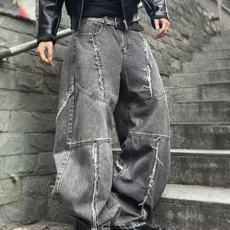 Men's Solid Color Ripped Jeans, Loose Casual Comfy Denim Trouser for Daily Wear, Wide Leg Jeans Pants for Men, Streetwear, Distressed Jeans Fit, Casual Fashion Loose