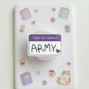 Hello My Name Is Purple Fan Phone Grip - Aesthetic Name Tag Phone Stand, Bora Purple Heart Phone Socket for Women, Cute Fandom Inspired Gift
