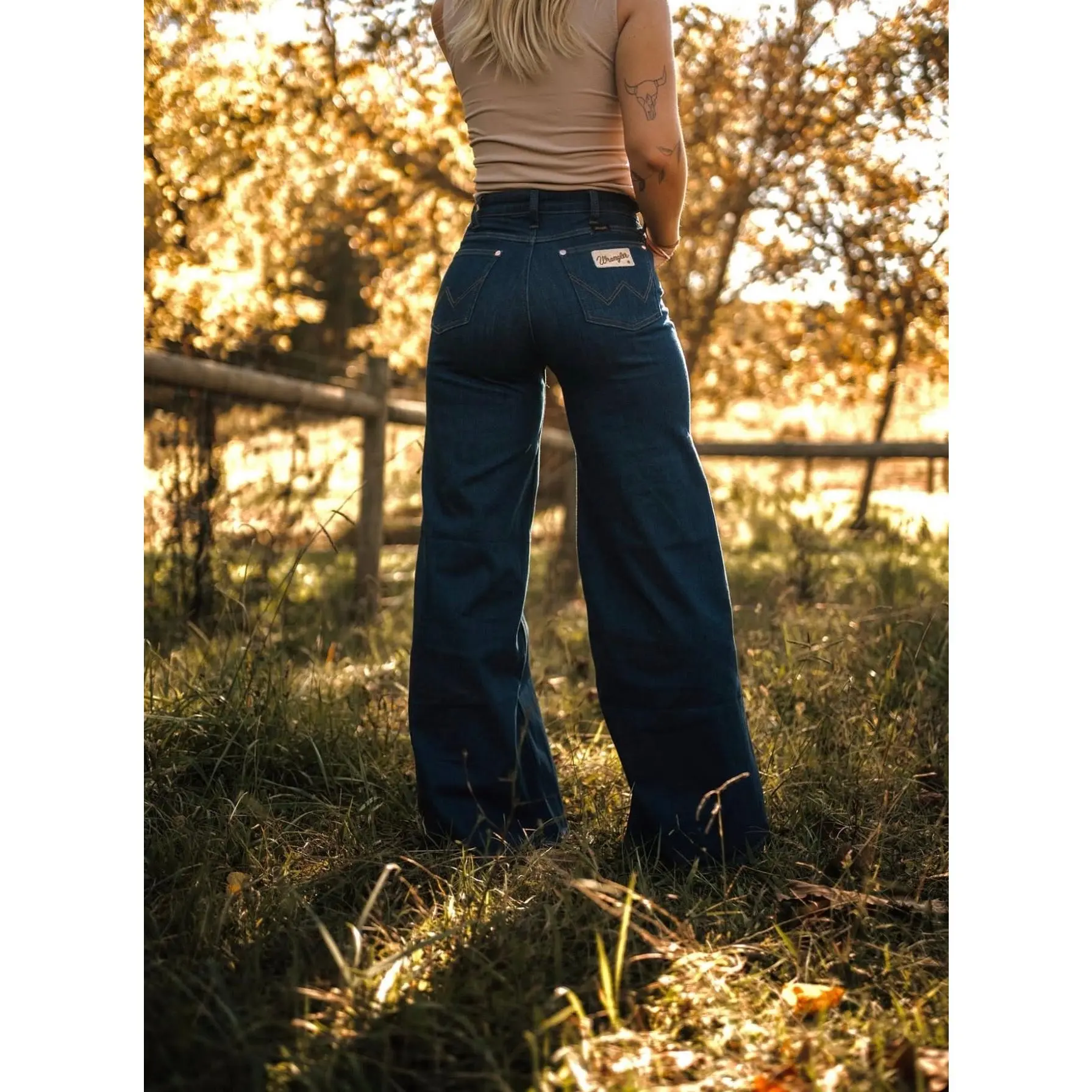 Wrangler Lainey Punchy Deep Sea Jeans, Wide Leg, Embroidered, Cotton, Bottom, Western Wear For Women, Elevated Basics, High Rise, Loose Fit, A-Line Cut, Lainey Coin Detail, Belt, Stretch For Bends