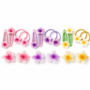 Plumeria Flower Hair Accessories Set – Mini Snap Clips, Hair Ties & Claw Clips, Cute Summer Hair Clips, 6-pcs
