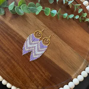 Beaded Earrings - Purple Chevron Design with Gold Heart Accent Beads
