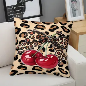 Retro Pin-Up Aesthetic Throw Pillow with Digital Print, 45cm Square with Inner Cushion, Featuring Glossy Cherry Design on Leopard Print Background, Stylish Home Decor for Sofa & Bedroom, Soft & Comfortable Accents